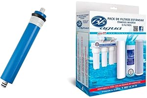 Membrana 50, 75 y 100 GPD + Pack de 3 filtros para Osmosis Inversa Estandar. 1 Filtro de Sedimentos, 1 Filtro de Carbón GAC y 1 Filtro de Carbón Block. Bbagua. (75 GPD + Pack 3 Filtro ósmosis)