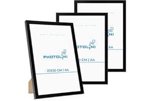 PHOTOLINI Marcos A4 21x30 cm Negro Madera MDF, Set de 3 Marcos para pósteres, Cristal acrílico, para Colgar y Poner de pie, Incluye Accesorios - para Fotos, láminas y pósteres
