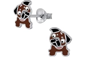 Laimons - Orecchini per bambine in argento Sterling 925, a forma di cagnolino, marrone/bianco, 8 mm