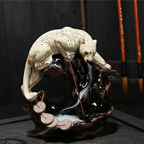 Ceramic Backflow Incense Burner, Incense Cone Burner Backflow Incense Holder Incense Stick Holder Office Home Decoration Handicraft Gift with 10 Free Cones Panther (White)