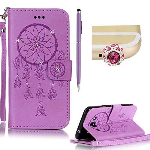 SKYXD für Samsung Galaxy J3 2016 J320FN Hülle Leder Traumfänger Blumen Drucken Muster,Brieftasche Klappbar Glitzer Strass PU Folio Schutzhülle [Kartenfach / Magnet / Standfunktion / Trageschlaufe] Inner Silikon Klapphülle mit [Handyanhänger + Eingabestift] 3 in 1 Zubehör Handy Tasche Etui for Samsung Galaxy J3 2016 J320FN Bookstyle Flip Case Leather Cover With [Stylus and Dust Plug]- Violett