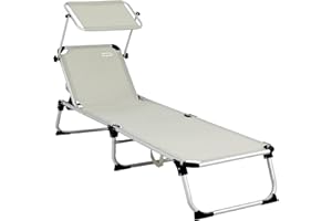 CASARIA® Tumbona Playa Plegable Parasol hasta 180kg 210cm Respaldo Regulable Resistente Intemperie Jardín Crema