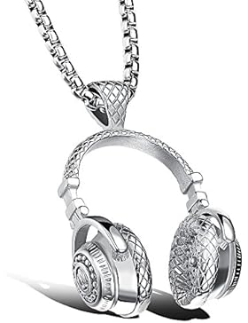 Hanessa Herren-Schmuck Edelstahl silberne / schwarze / goldene Hals-Kette Kopfhörer-Anhänger Versilbert / Vergoldet...