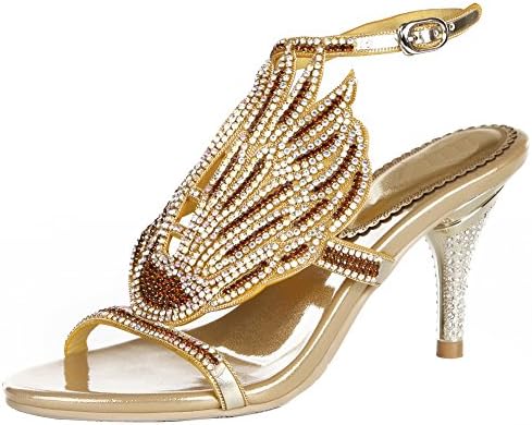 SYYAN Women's Leather Rhinestone Crystal Open toe Sandals Bling Banquet Gold, gold, 36