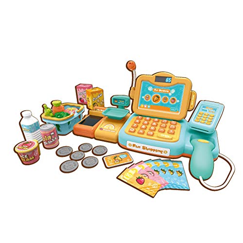 Preisvergleich Produktbild Yvsoo 24 Stück Supermarktkasse Spielzeug Supermarkt Kinder mit Scanner, Kinderkasse Registrierkasse Kreditkartenleser Spielkasse Kaufladen für Kinder Rollenspiel (Gelb)