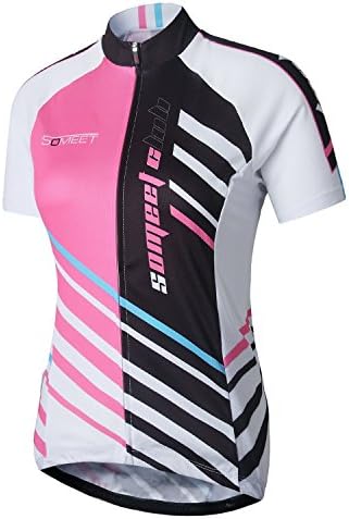 Someet Womens Summer Cycling Jersey Short Sleeve - Breathable Shirts Comfortable 3D Cushion Quick Dry Ladies Cycle Clothing - Road &amp; Mountain Bike Clothes White Black Pink