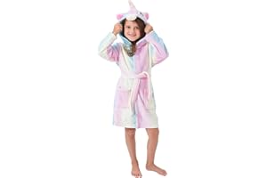 YLLSOPHAN Girls Hooded Unicorn Bathrobe Robe Dressing Gown Nightwear Fleece Attached Belt Knee High Length