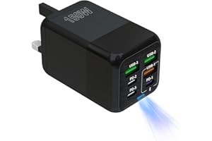 FIVEBOX USB C Plug Fast Charging, USB C Plug, 150W Fast Charger Plug, 6-Port Charger (3PD Type C port+3QC USB A port), UK wall charger charging plug, compatible with iPhone 11/12/13/14/15 series/XS/XR/8/iPad