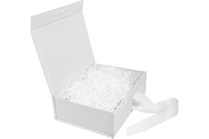 TAHBARSHI Caja de regalo blanca con cinta, Caja de regalo magnética de lujo con tapa Tarjeta de felicitación Papel triturado, Caja de regalo para regalos 23 x 17 x 7 cm, Cajas de regalo de boda de papel