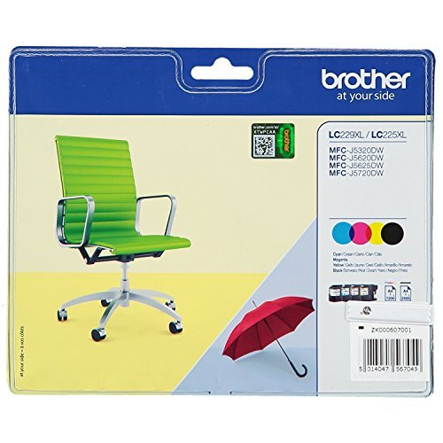 4x Original XXL Brother Tintenpatrone LC 229 / LC 225 - BK, Cy, Ma, Ye - für MFC J 5720 DW - Leistung: BK ca. 2400 / Farben ca. 1500 Seiten bei 5% Seitenabdeckung