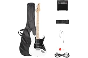 LALAHO Electric Guitar with 20Watt Amp, Full Size 39 Inch Beginner SSS Pickups Electric Guitars Kit W/Accessories Strap, Gig Bag for Kids & Adults (White)