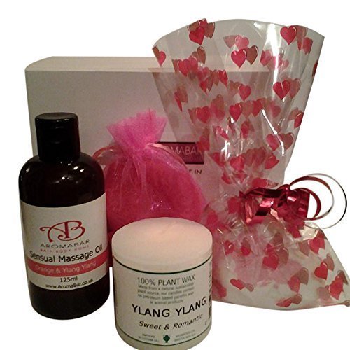 Romantic Night In Gift Set with Sensual Massage Oil, Heart Bath Bomb and Scented Candle Ideal for Valentine or Couples Gift to share