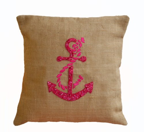 Amore SONP handgefertigt Jute Sackleinen Kissen, Kissen mit Hot Pink Anchor embroidery- Nautisches Kissen, Anker Kissenbezug, bestickt Kissen, Beach Décor Kissenbezug, beige, 50 x 50 cm - 3
