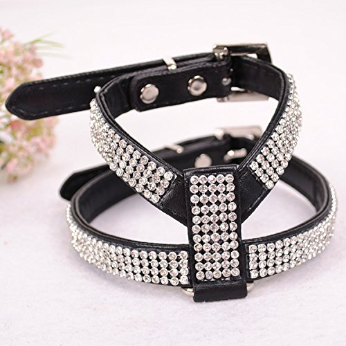 Chiguo Chiens Harnais Réglable Collier En Cuir PU Strass Pour Petits ou Moyens Grand Chien ou Chats Animaux (Noir S)