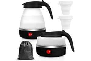 RANJIMA Bouilloire Pliable 0,6 L Mini Bouilloire Électrique en Silicone, Bouilloire Portable de Camping Kettle Mini Bouilloire de Voyage avec 2 Gobelets Pliables pour Camping Voyage L'extérieur (Noir)