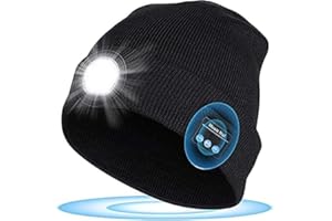 flintronic LED Bluetooth Bonnet Lumineux, Rechargeable USB Bluetooth 5.0 Unisexe Music Bonnet Chapeau avec 5LED Lampe Frontale Chaleureux Bonnet Tricoté Hiver pour Running Ski Randonnée Camping