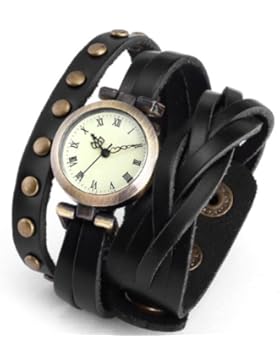 Armbanduhr - SODIAL(R) Quarz Armbanduhr Vintage StIL Armband Leder Niete Retro Schwarz WAA340
