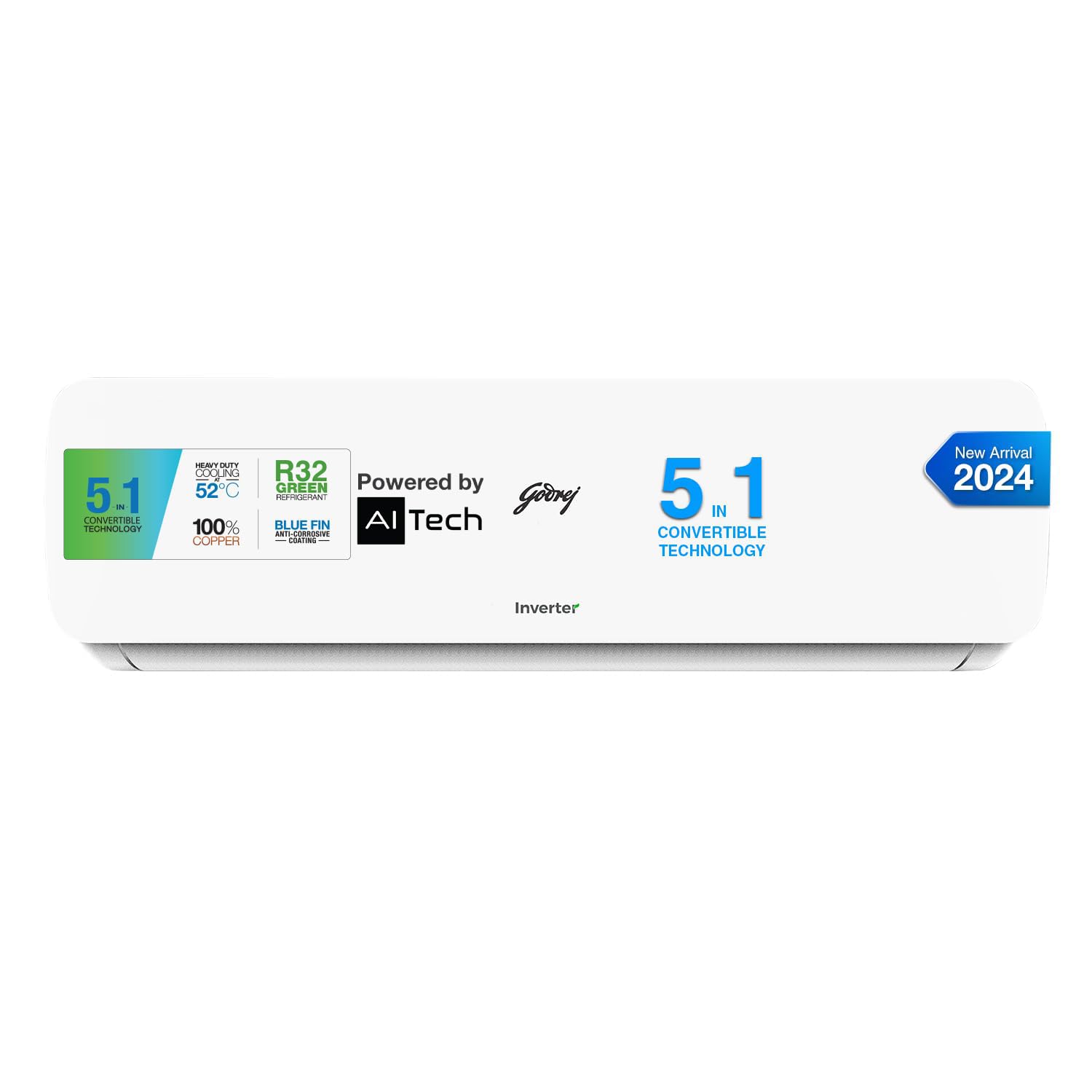 Godrej 1.5 Ton 3 Star, 5-In-1 Convertible Cooling, Inverter Split AC (Copper, Heavy-Duty Cooling at 52 Deg Celcius, 2024 Mode