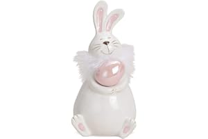 MATCHES21 HOME & HOBBY matches21, dolce coniglietto pasquale con uovo di Pasqua, in ceramica, bianco e rosa, decorazione pasquale primaverile, 1 pezzo 7 x 7 x 14 cm