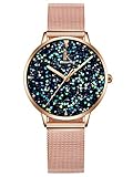 Alienwork Damen-Armbanduhr Quarz Rose-Gold mit Milanaise Mesh-Armband Edelstahl blau Strass-Steinen Glitzer elegant