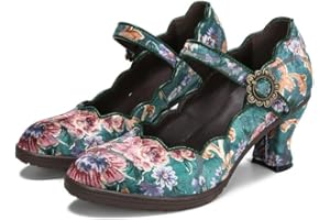 GENERISCH Damen Leder Mary Jane Schuhe, Bunte Vintage Exotische Mary Jane Schuhe Floral Leder Pumps