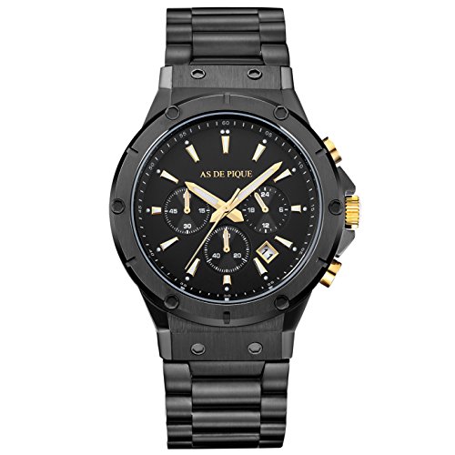 AS DE PIQUE Master Quarzuhr Chronograph Datum Stoppuhr 100 Meter wasserdicht schwarz gold AS DE PIQUE Master Quarzuhr Chronograph Datum Stoppuhr 100 Meter wasserdicht schwarz gold