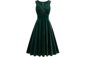ZEIAYUAS Women Vintage Velvet Banquet Dinner Dress 50s V-Neck A-line Dress Retro 80s Fancy Dress Pleated Swing Party Dresses Sleeveless Evening Dress Ladies Elegant Wedding Guest Gown