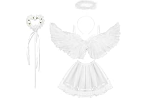 BLUELVES Engel Flügel Weiß mit Heiligenschein,4 Stück 60CM Engelsflügel Kostüm, Halloween Kostüm Damen,Angel Wings für Kinder Erwachsene,Teufel kostüm für Halloween Karneval Cosplay Party Cosplay