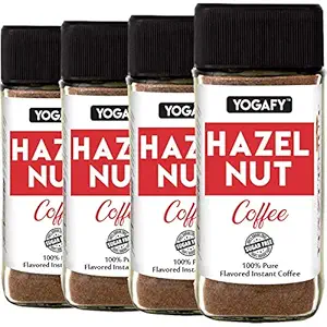 YOGAFY - HAZELNUT Flavored Coffee - 200g | Sugar Free - Instant Coffee Powder | Smooth Rich Taste- Flavoured Instant Coffee - Made with 100% Pure Coffee - Pack of 4 ( 50 Gram Each )- For Black Coffee