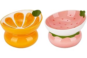 E-YIHESZ 2PCS Tilted Elevated Cat Food Bowl Raised Ceramic Cat Bowl Anti Vomiting Shallow Cat Feeding Bowls Wide Cat Bowls Whisker Friendly High Cat Dish Microwave and Dishwasher Safe (Strawberry + Orange)