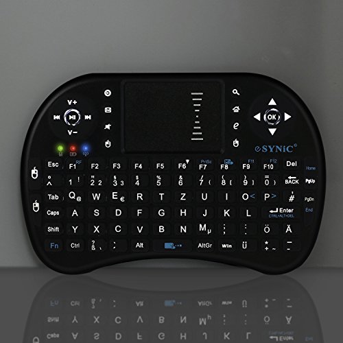 2,4Ghz Mini Hintergrundbeleuchtung Funktastatur mit Touchpad Maus Wireless Tragbare Handheld Multimedia Tastatur mit QWERTZ Tastaturlayout und eingebaute wiederaufladbare Batterie für Google Android Smart TV Box Raspberry PI TV Box XBOX PS3 HTPC IPTV – Schwarz - 2