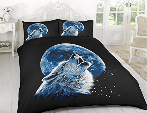3D ANIMAL PRINTED MICROFIBER DUVET QUILT COVER PILLOW CASES BEDDING SET SINGLE DOUBLE KING (Double, Wolf Moon Light)
