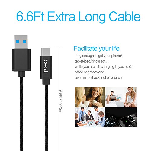 Beatit USB Type C Cable–Lifetime Guarantee–Nylon Braided USB C Cable Quick Charge and Data Sync 3.0A Current Full Speed USB C To USB 3.0 With Reversible Connector for New Macbook pro , Nexus 6P/5X, One Plus 2/3, Nokia N1, Google ChromeBook Pixel,Huawei p9 Mate 9 pro (6.6ft Black) - 3
