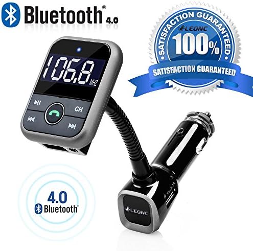 LEONC 5-in-1 Bluetooth Car Entertainment Device Remote Control Bluetooth 4.0 handsfree Car kit with FM &amp; 5V/2.1A charger by LED display，USB Charging &amp; Music Controls - Works with Apple, Samsung, LG &amp; More Smartphones, Tablets, MP3 Players(BLACK)