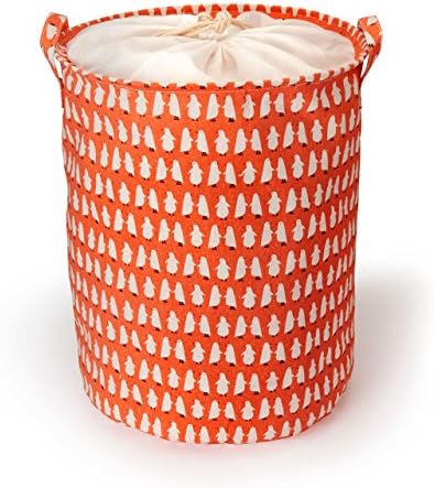 Collapsible Laundry Bag for Washing - Large Round 60L Canvas Basket with Drawstring Cover - 50cm Tall x 40cm Diameter - 3 Stylish Modern Print Designs (Orange Penguin)