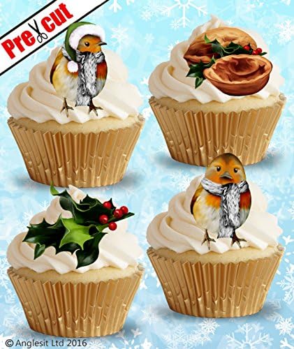 Pre-Cut Winter Robin Edible Wafer/Rice Paper Cupcake Cake Toppers Birthday Christmas Party Holiday Decorations
