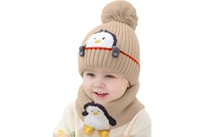 RAYSON Gorros para Niño Niña Bebé Otoño Invierno Linda Pequeño pingüino Niños Gorro de Punto Acolchado y Bufanda Traje de 2 Piezas