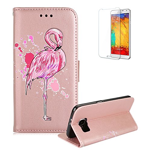 Glitzer Hülle für Samsung Galaxy S6,Flip Brieftasche Handyhülle für Samsung Galaxy S6,Funyye Luxuriös Ziemlich Diamant Flamingo Muster Bling Magnetverschluß Handytasche Multifunktion Stoßdämpfende Tasche Rutschfest Kratzfest Backcover mit Kartenhalter Slot und Standfunktion für Samsung Galaxy S6 + 1 x Frei Displayschutzfolie