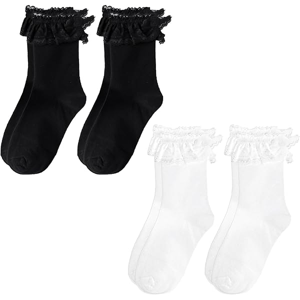 4 Paia Calzini Donna Con Volant - Calzini Alla Caviglia In Pizzo, Cotone, Bianco E Nero, Eleganti E Carini - Foto 2