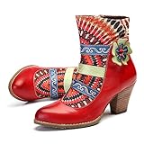  Camfosy Stiefeletten Damen mit Absatz Hochwertiger Leder Blockabsatz Winterstiefel Rutschfeste Rillen Sohle Bequeme warme Schuhe Mode Schöne Pfau Blüte Elegant Stiefel Mädchen Schwarz Blau Rot