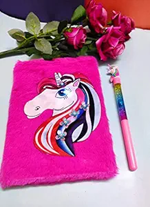 KIDOS JOY Attractive Funky Unicorn Soft Plush Fur Light Diary with Water Glitter Pen / Gifting Option for Kids , Adults / Office School Supply Combo ( Pack of 2pcs)