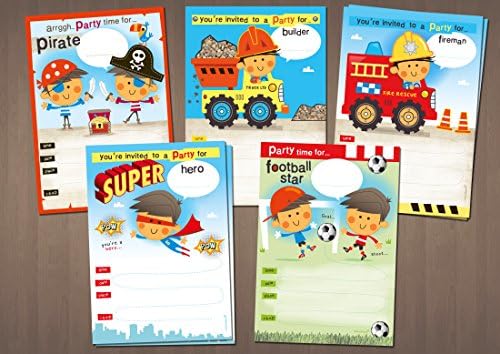 Children's Birthday Party Invites mixed boy's 20 Pack Superhero/Pirate/Fire Engine/Footballer/Dumper Truck