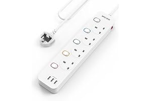 Mscien Extension Lead with USB Slots, 4 Way 3 USB Extension Socket with Individual Switches, Mountable Overload Protection Power Strips, 1.8 Meter Cable, 13A/3250W