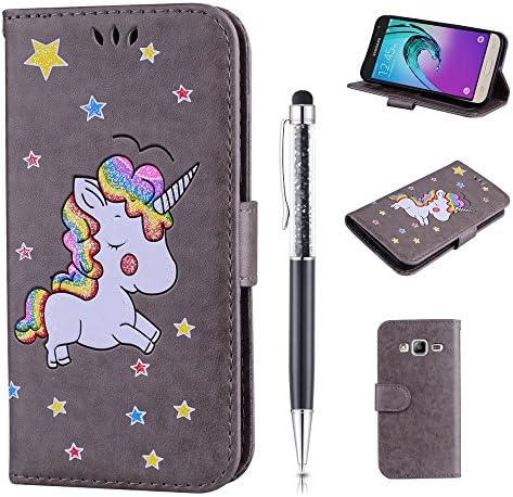 Leather Case for Samsung Galaxy J3 2016 / J3 2015, ZCRO Premium Leather Wallet Cute Unicorn Lovely Design Magnetic Book Style Flip Case Protective Cover with Card Holder Stylus Pen for Samsung Galaxy J3 2016 / J3 2015 / J320 (Grey)