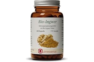 ‎QUINTESSENCE WISSEN, WAS GUT TUT. Quintessence Bio Ingwer Kapseln hochdosiert, 240 x Kapseln 600mg pro Kapsel, Vegan & ohne künstliche Zusatzstoffe, Glutenfrei, 100% Reinstoffqualität, Produziert in Deutschland