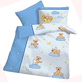 Biber Baby-Bettwäsche Teddy Bär Weiß Hell-Blau 100x135 cm