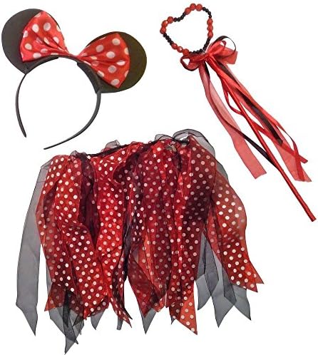 Fairy Princess UK, Minnie Dress Up Sets - Mouse Sets - Layered Tutu, Jewelled Wand and Mouse Ears - One Size. Fancy Dress Costume. Halloween. Book Week. Fairy Costume. UK Seller (Black/Red)