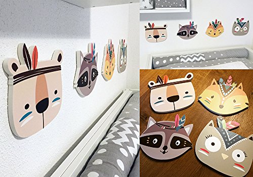 Wanddeko in 3D für das Kinderzimmer *** NEUHEIT ***- 4er-Set mit 3D-Effekt -Süße farbige Indianer Tierköpfe in TOP Qualität auf 10mm starken Platten – MADE IN GERMANY - 4
