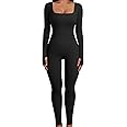 UMIPUBO Women Yoga Jumpsuit Sports Romper Long Sleeve Square Neck Stretchy Playsuit Ribbed Knit Workout Outfit Slim Fit One Piece Bodysuit Fitness Sportwear Daily Wear
