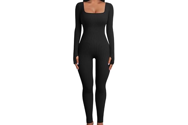 UMIPUBO Jumpsuit för dam, lång sport-/yoga-bodysuit, overall, stretchig, fyrkantig hals, långärmad bodycon, träningsdräkt för kvinnor i set